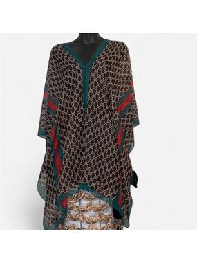 Printed Black and Teal Geometric Poncho with Red Accents